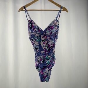 Calvin Klein Floral V Neck One Piece Swimsuit Bathing Suit in Blue Purple Size 4